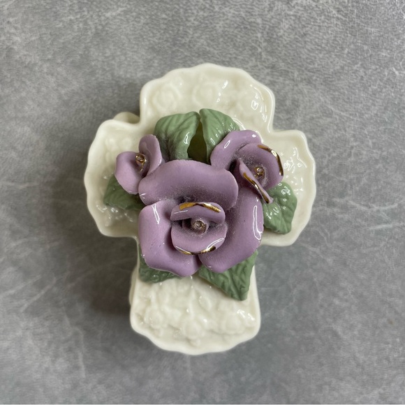 Vintage Other - Vintage Porcelain Purple Floral Cross Small Box and Lid for Jewelry/Rings